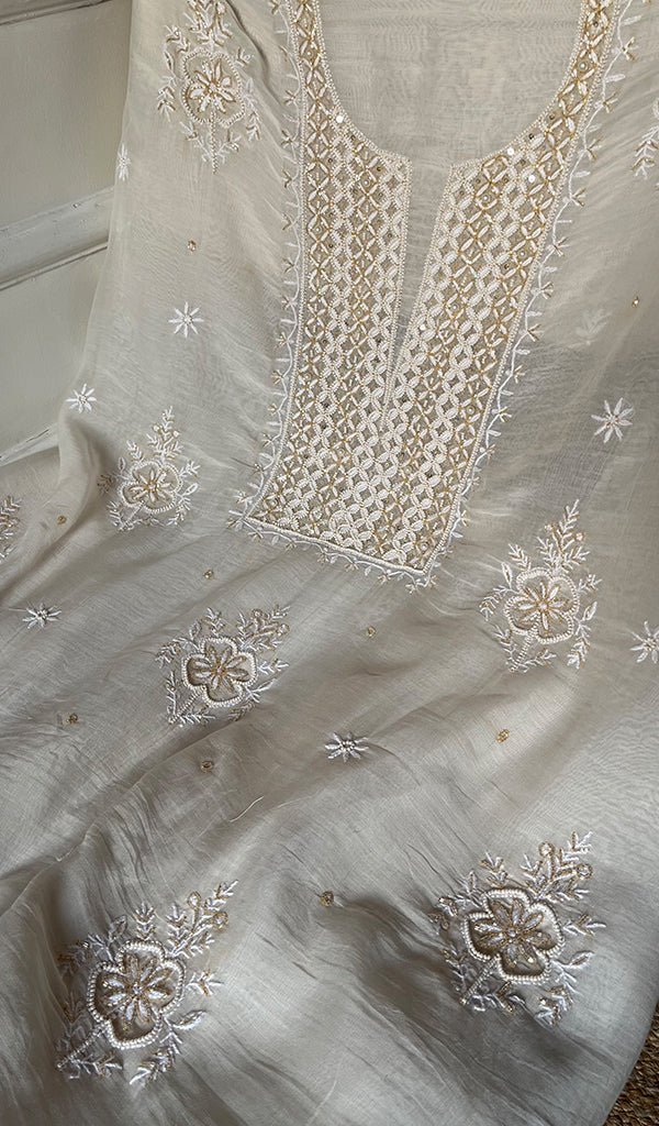 Women's Lakhnavi Handcrafted Mul Chanderi Unstitched Kurta And Dupatta Set - HONCO297198