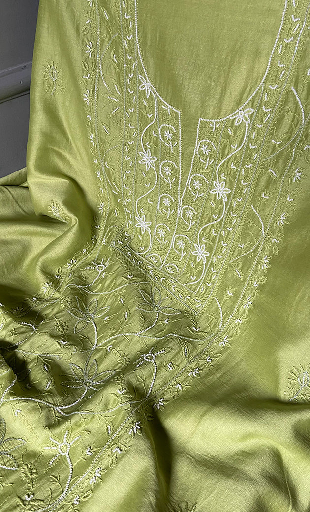 Baseema Women's Lucknowi Handcrafted Chanderi Silk Chikankari Full Suit Material - HONC0278001