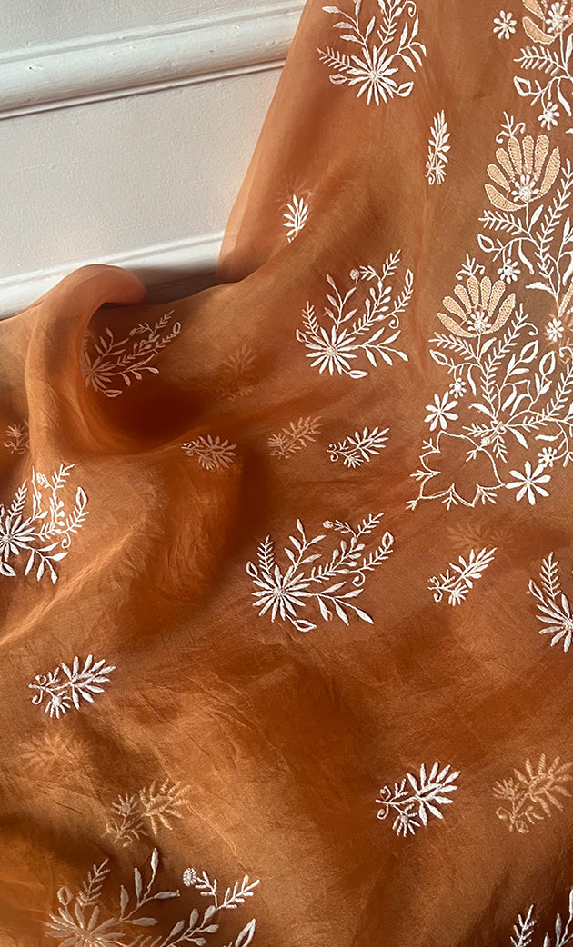 Women's Lakhnavi Handcrafted Pure Organza Chikankari Unstitched Kurta And Dupatta Set- HONC0319189