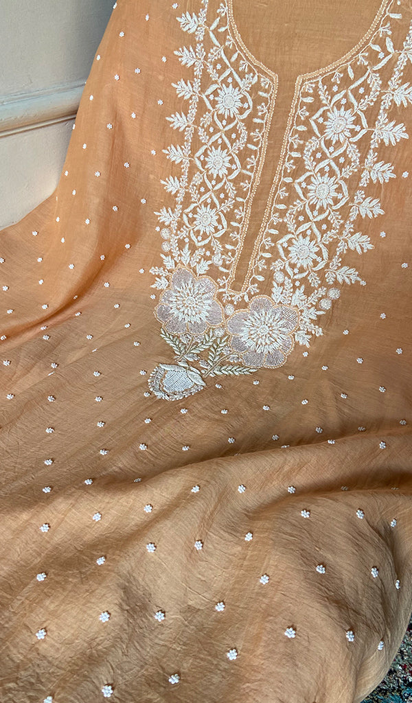 Jazba Women's Lakhnavi Handcrafted Mul Chanderi Unstitched Kurta And Dupatta Set - HONC0339838