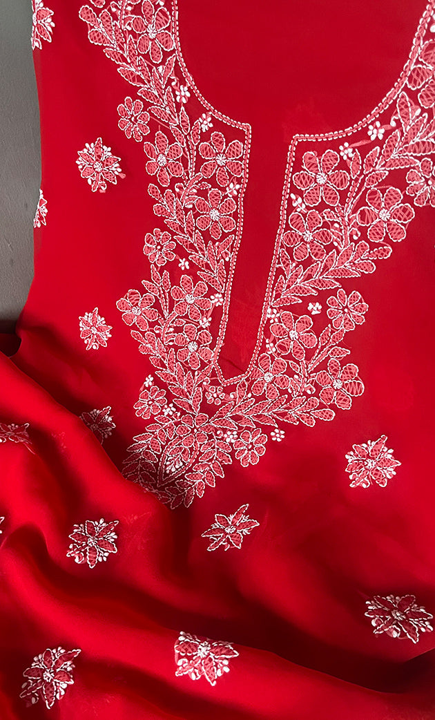 Women's Lakhnavi Handcrafted Unstitched Faux-Georgette Chikankari Suit Material - HONC0311924