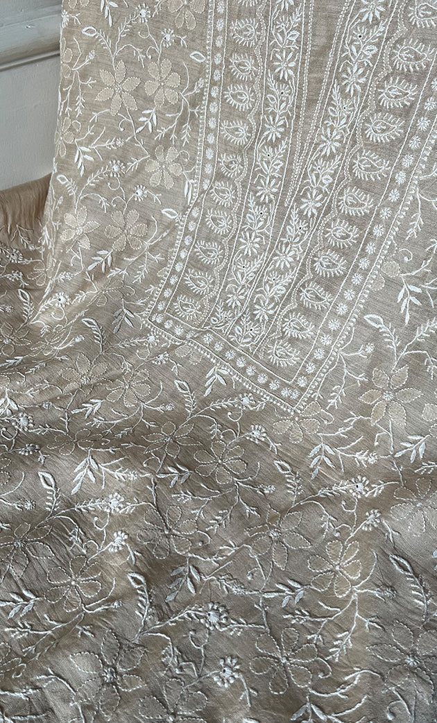 Women's Lakhnavi Handcrafted Unstitched Munga Silk Chikankari Kurta And Dupatta Set- HONC0337755