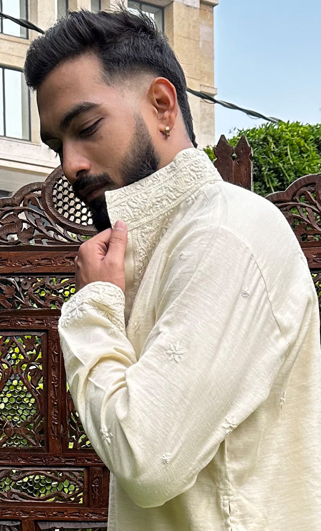 Men's Lucknowi Handcrafted Cotton Chikankari Kurta - HONC0256210