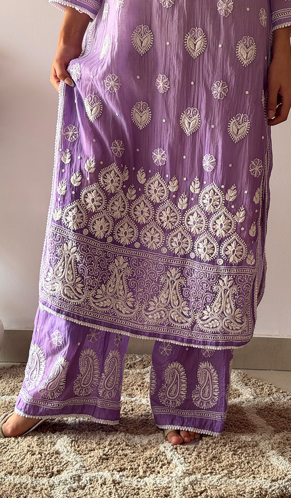Women's Lucknowi Handcrafted Mul Chanderi Stitched Chikankari Kurta And Plazzo Set- HONC03790590