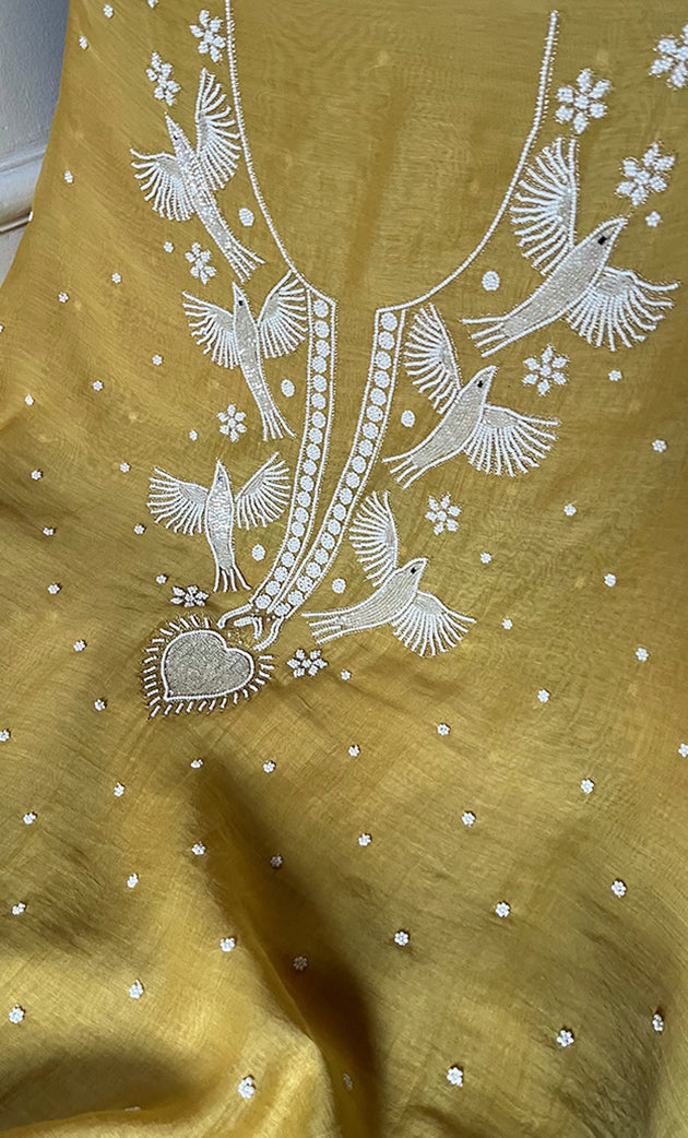 Chidiya Women's Lakhnavi Handcrafted Mul Chanderi Unstitched Chikankari Full Suit Material - HONC0330315