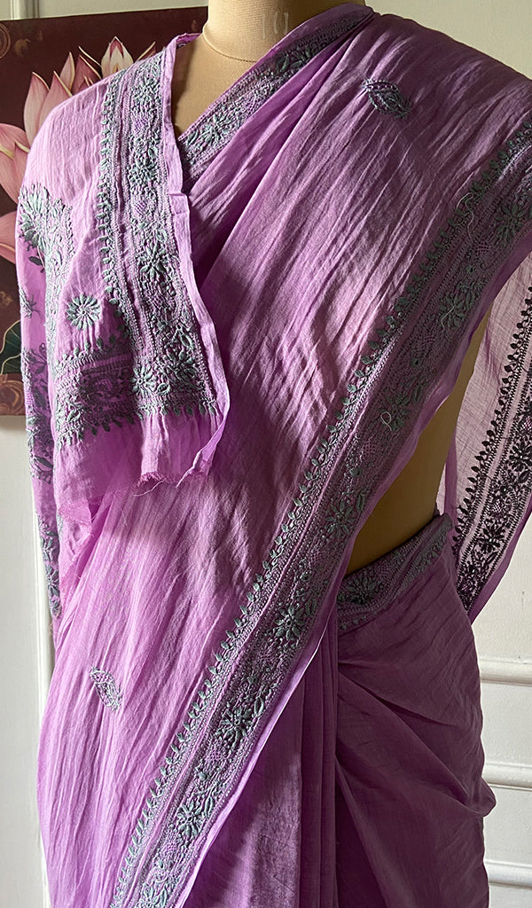 Women's Lakhnavi Handcrafted Mul Chanderi Chikankari Saree - HONC0312049