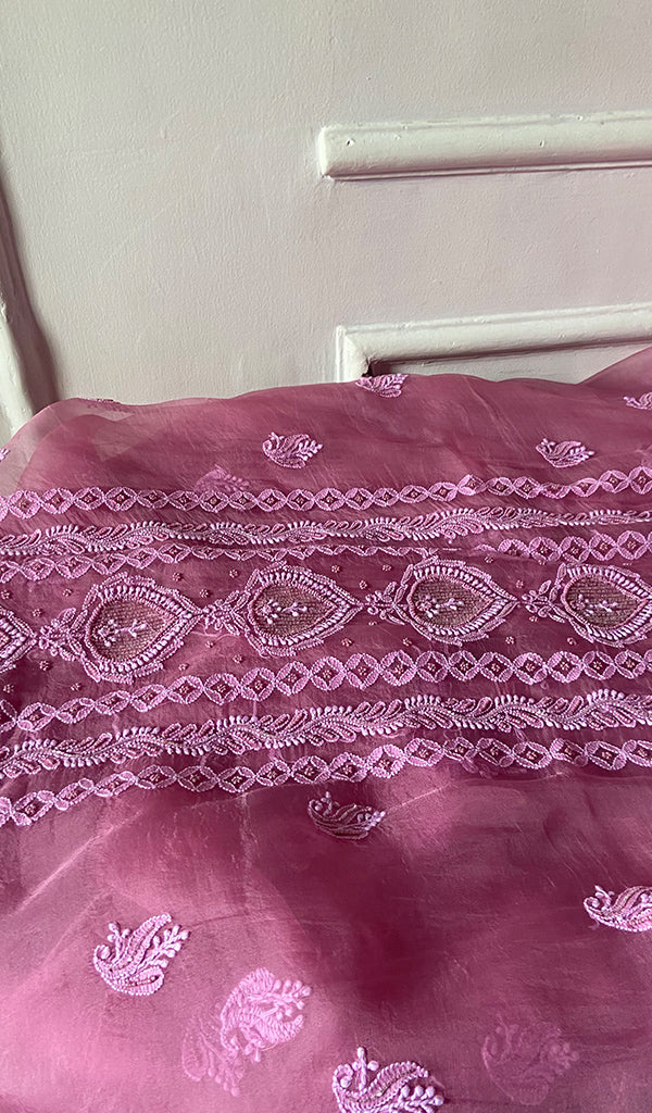 Women's Lakhnavi Handcrafted Pure Organza Chikankari Unstitched Kurta And Dupatta Set- HONC0324982