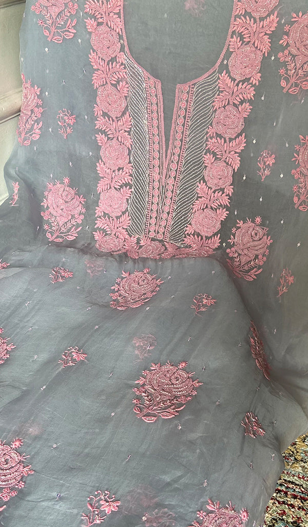 Women's Lakhnavi Handcrafted Pure Organza Chikankari Unstitched Kurta And Dupatta Set- HONC0361457