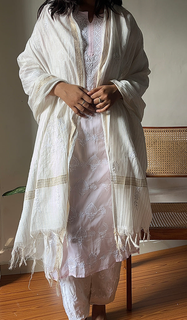 Women's Lakhnavi Handcrafted Chanderi Silk Chikankari Dupatta - HONC068109
