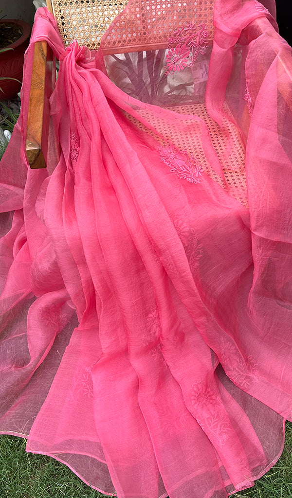 Ishq Women's Lucknowi Handcrafted Pure Organza Silk Chikankari SAREE - HONC0273031