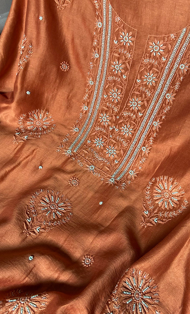 Women's Lucknowi Handcrafted Chanderi Silk Unstitched Chikankari Full Suit Material - HONC018789
