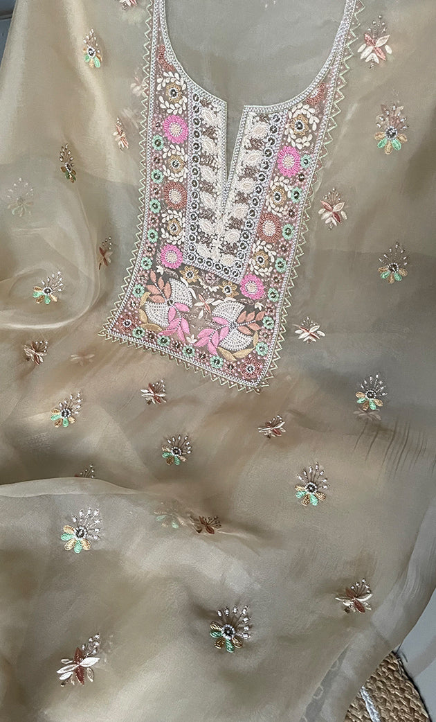 Women's Lakhnavi Handcrafted Pure Organza Chikankari Unstitched Kurta And Dupatta Set- HONC0267234
