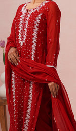 Load image into Gallery viewer, Saziya Women's Lakhnavi Handcrafted Mul Chanderi Chikankari Stitched Kurta, Dupatta And Pant Set - HONC0854621