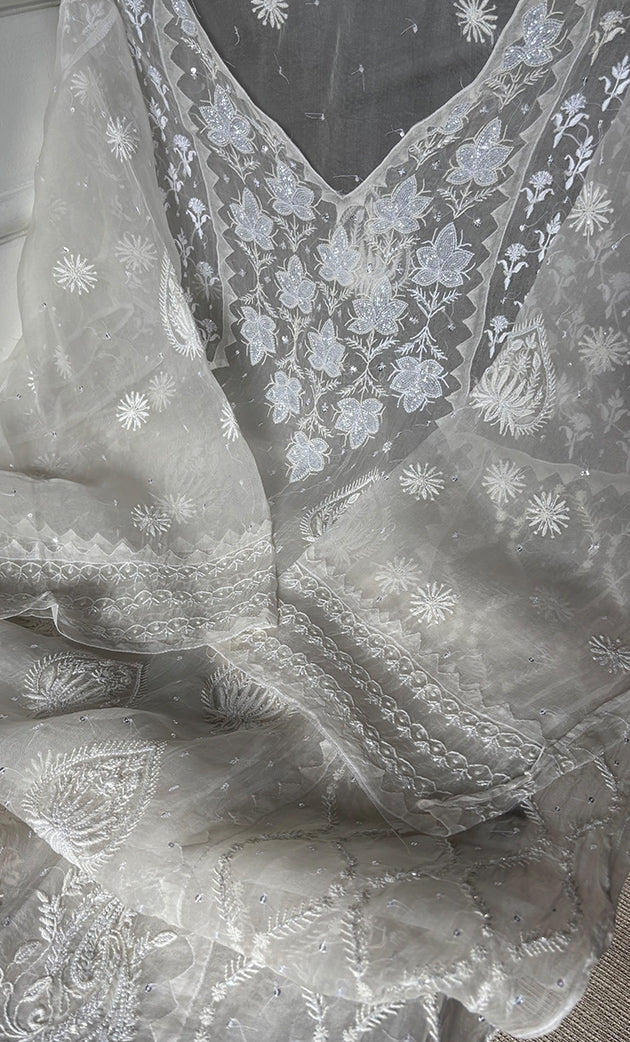 Women's Lakhnavi Handcrafted Pure Organza Chikankari Semi - stitched Kurta And Dupatta Set- HONC0322186