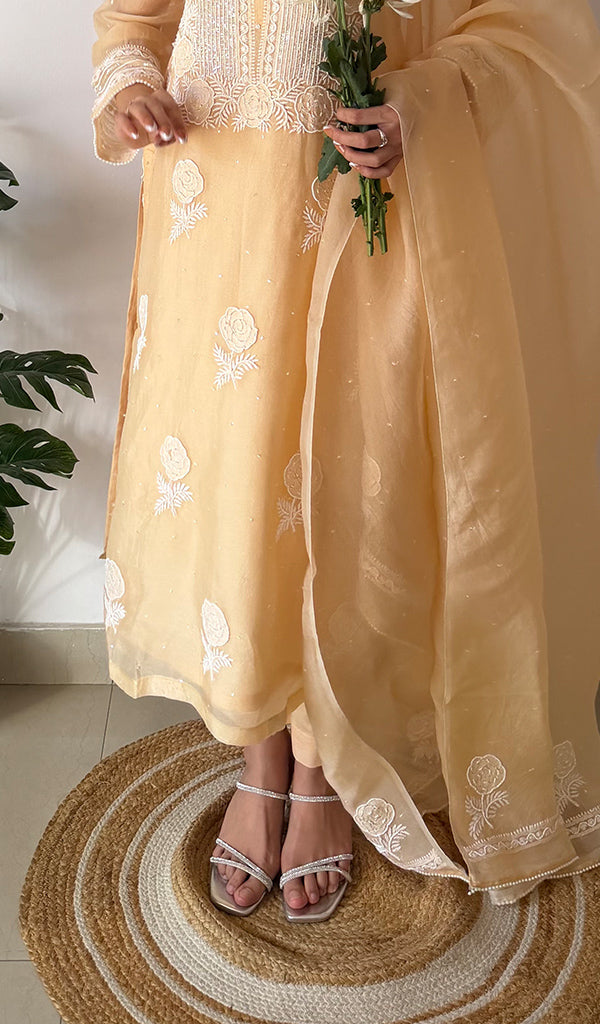 Rose Women's Lucknowi Handcrafted Pure Organza Silk Stitched Chikankari Kurta, Dupatta With Pant Set- HONC0339014