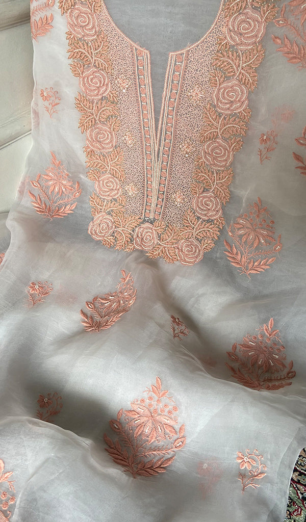 Mehnaj Women's Lakhnavi Handcrafted Pure Organza Chikankari Unstitched Kurta And Dupatta Set- HONC0340802
