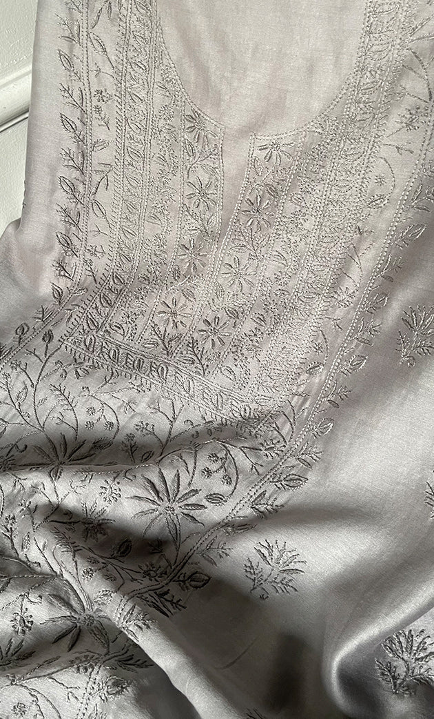 Women's Lucknowi Handcrafted Chanderi Silk Chikankari Full Suit Material - HONC0307136