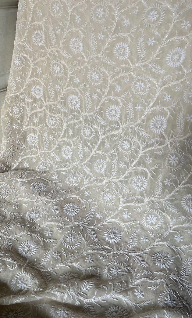 Women's Lakhnavi Handcrafted Pure Silk Georgette Unstitched Chikankari Kurta And Dupatta Set- HONC0324215