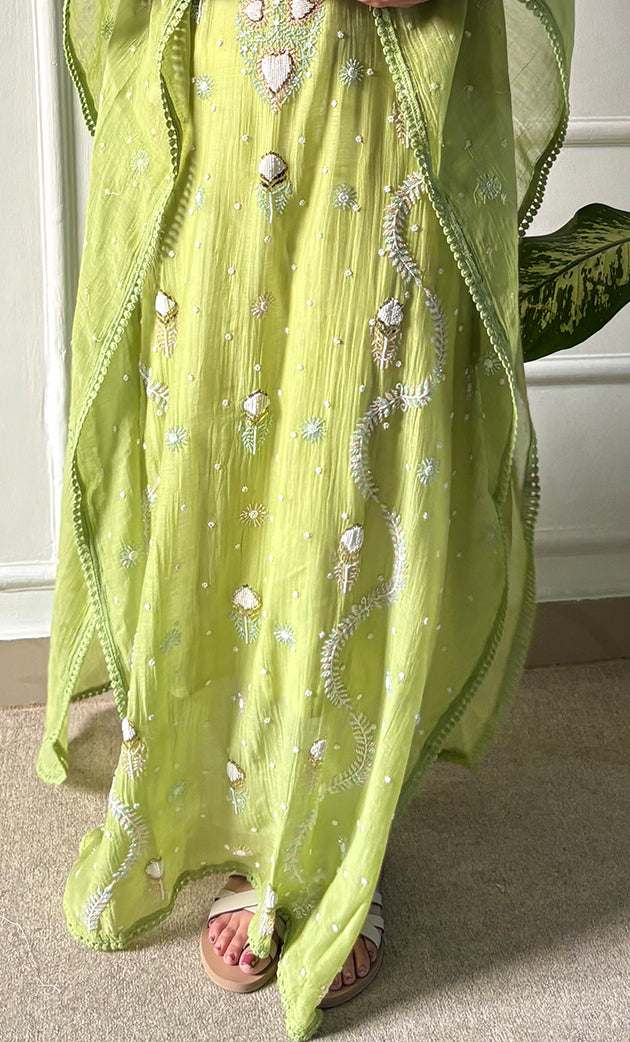 Rabia Women's Lucknowi Handcrafted Mul chanderi Chikankari Kaftan - HONC0311996
