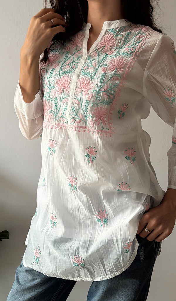 Women's Lakhnavi Handcrafted Mul Chanderi Chikankari Top - HONC0372702