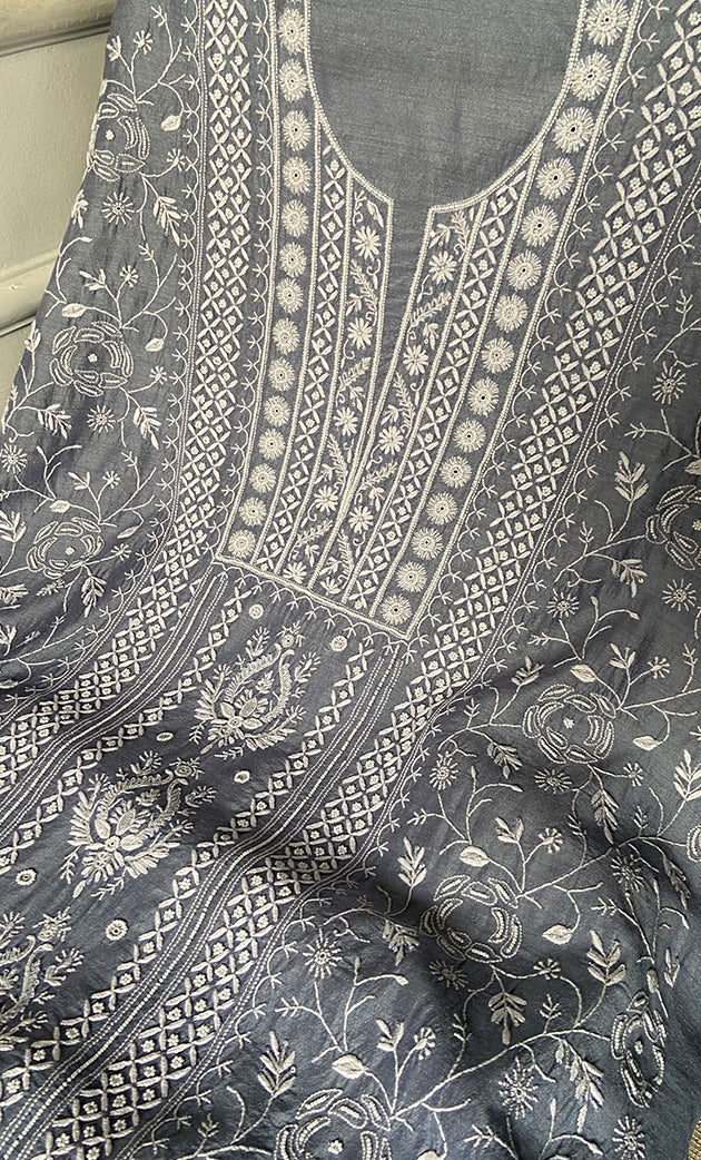 Women's Lakhnavi Handcrafted Unstitched Munga Silk Chikankari Kurta And Dupatta Set- HONC0268577