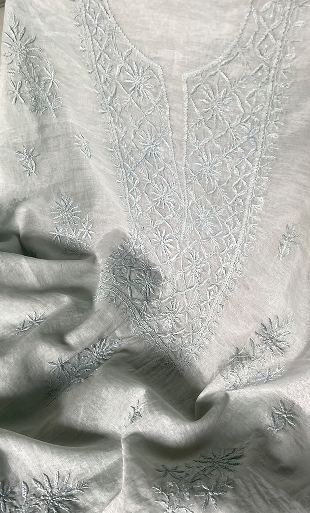 Women's Lakhnavi Handcrafted Mul Chanderi Unstitched Chikankari Full Suit Material - HONC0319538