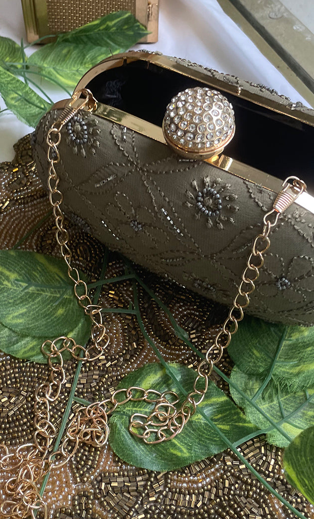Olive Green Embroidered Clutch with Golden Crystal Clasp - HONC0313597