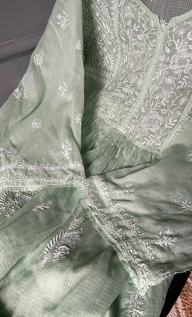 Sehmat Women's Lakhnavi Handcrafted Kota Cotton Semi -Stitched Kurta And Dupatta Set- HONC0301707