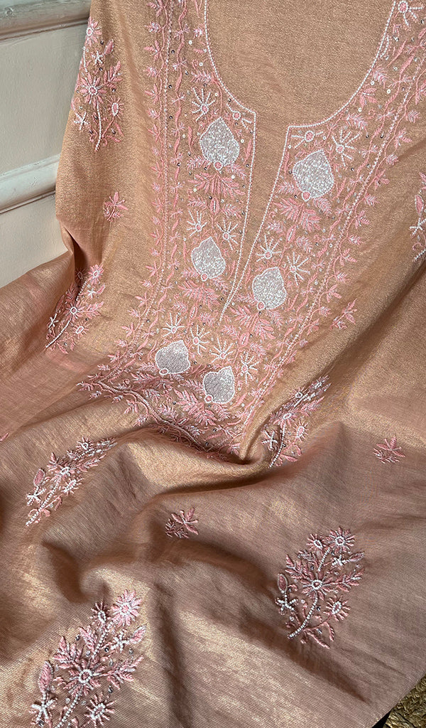 Women's Lakhnavi Handcrafted Tissue Chanderi Chikankari Suit Material - HONC0275987