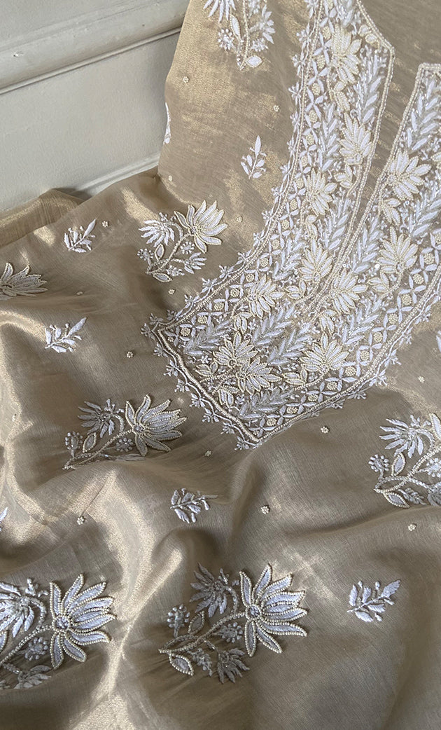 Women's Lakhnavi Handcrafted Tissue Chanderi Unstitched Chikankari Kurta And Dupatta Set - HONC0339371