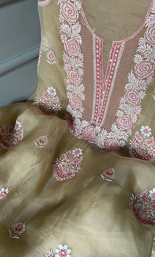 Rose Women's Lakhnavi Handcrafted Pure Organza Chikankari Unstitched Kurta And Dupatta Set- HONC0310180