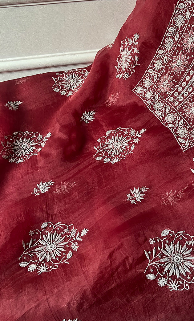 Women's Lakhnavi Handcrafted Pure Organza Chikankari Unstitched Kurta And Dupatta Set- HONC0288594