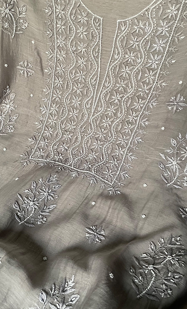 Women's Lakhnavi Handcrafted Mul Chanderi Unstitched Chikankari Full Suit Material - HONC0305483