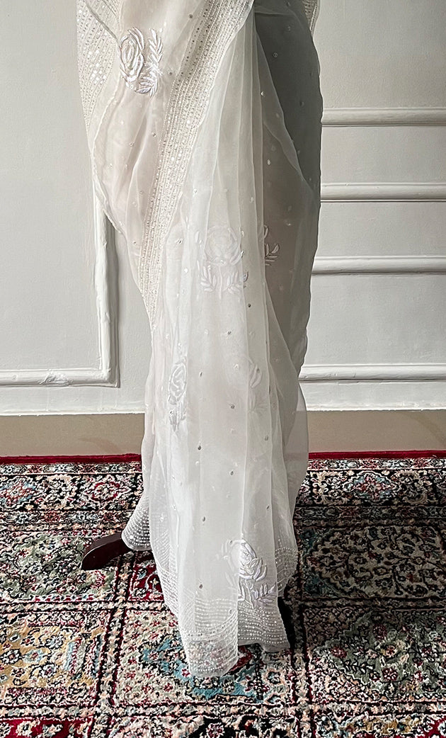 Women's Lucknowi Handcrafted Pure Organza Silk Chikankari Saree - HONC0307590