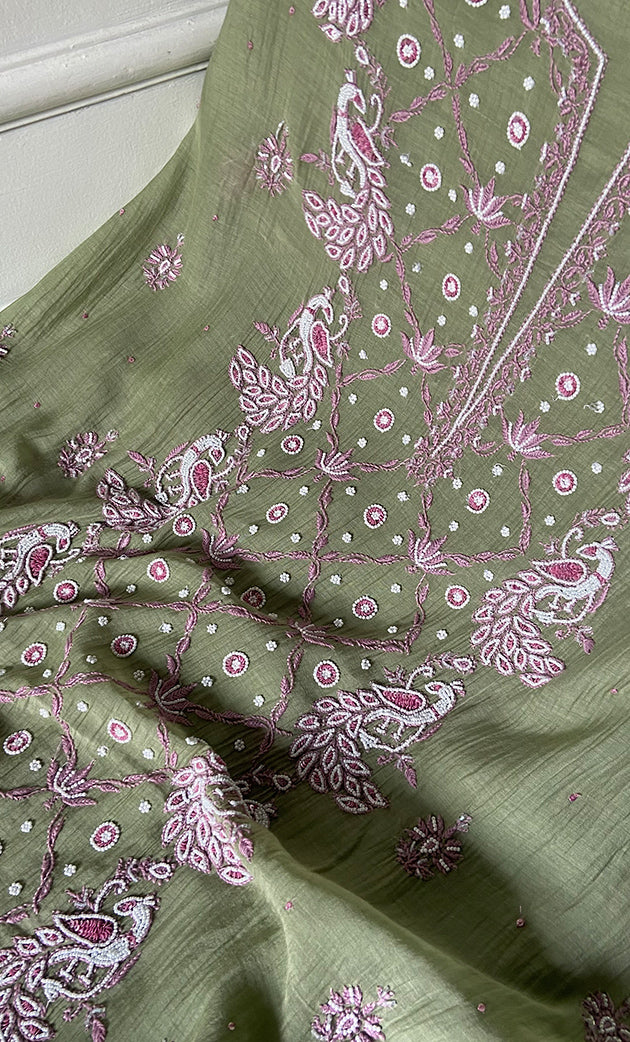 Women's Lakhnavi Handcrafted Mul Chanderi Unstitched Chikankari Full Suit Material - HONC0339572