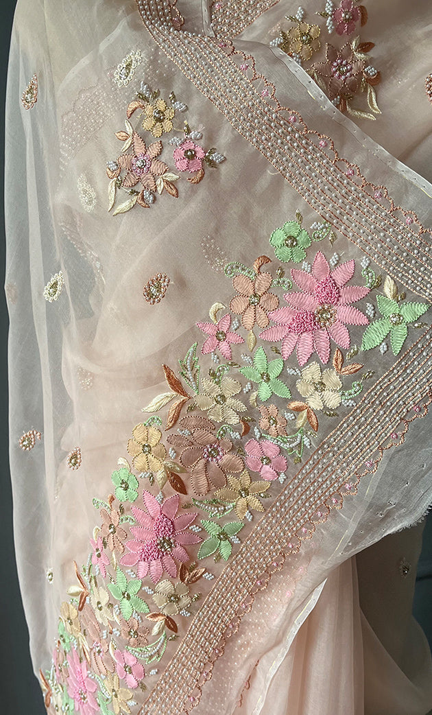 Women's Lucknowi Handcrafted Pure Organza Silk Chikankari Saree - HONC0282492