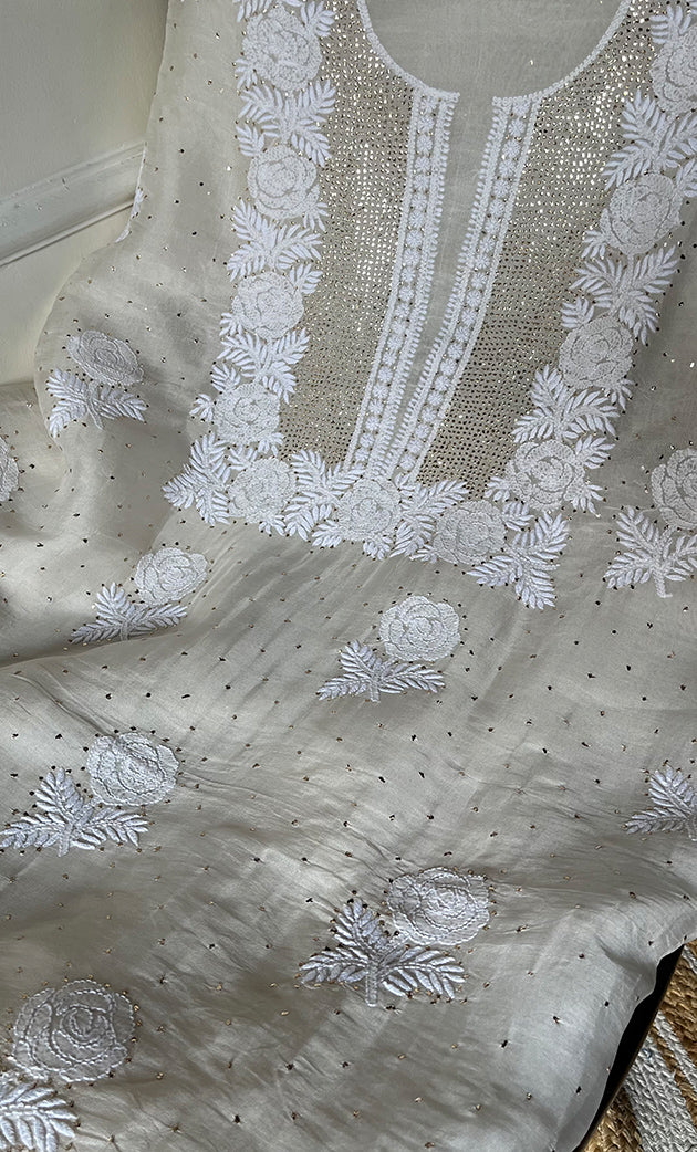 Afeera Women's Lakhnavi Handcrafted Pure Organza Chikankari Unstitched Kurta And Dupatta Set- HONC0302221