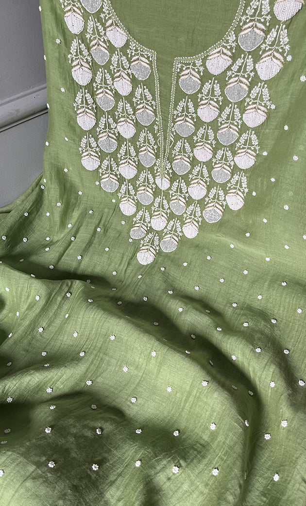 Jazba Women's Lakhnavi Handcrafted Mul Chanderi UnStitched Kurta And Dupatta Set - HONC0301690