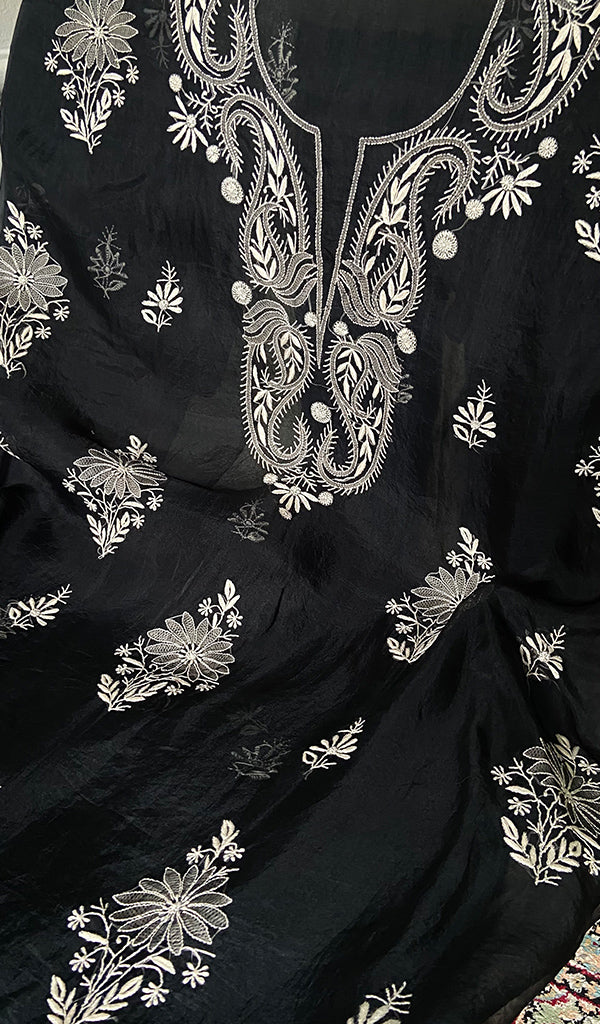 Women's Lakhnavi Handcrafted Pure Organza Chikankari Unstitched Kurta Dupatta Set .