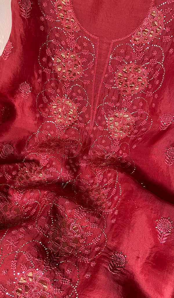 Women's Lakhnavi Handcrafted Pure Organza Chikankari Unstitched Kurta And Dupatta Set- HONC02261147