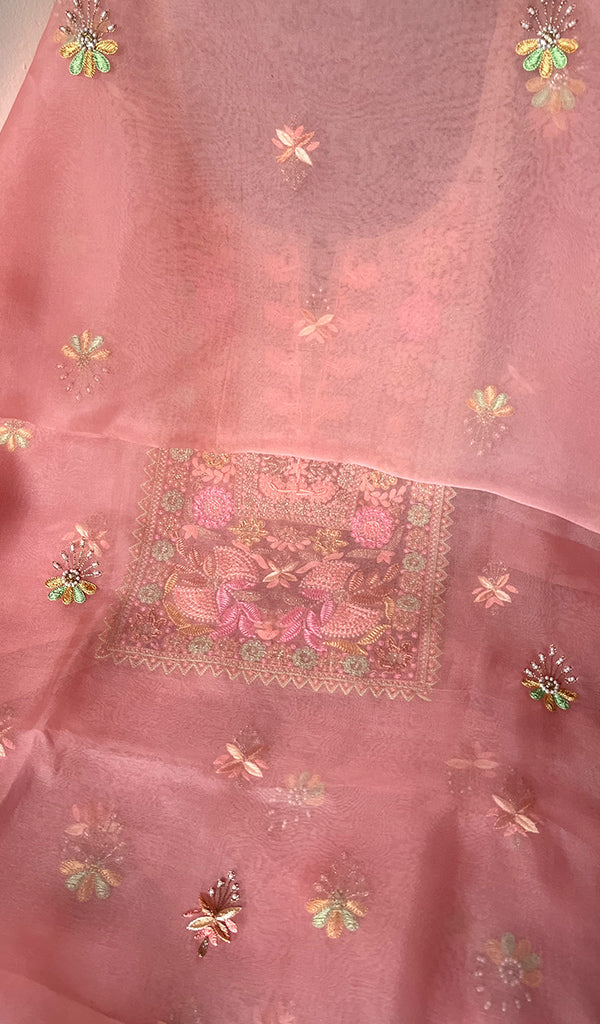 Women's Lakhnavi Handcrafted Pure Organza Chikankari Unstitched Kurta And Dupatta Set - HONC0267224