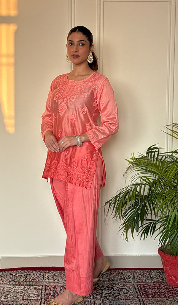 Anika Women's Lucknowi Handcrafted Chanderi Silk Chikankari Top with Farshi Salwar Set .