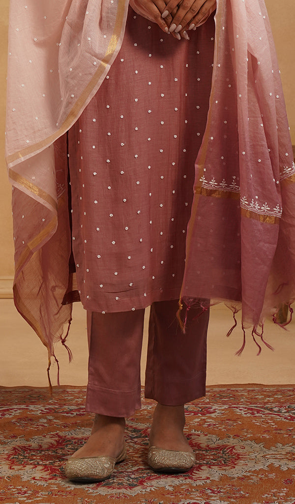 Jazba Women's Lakhnavi Handcrafted Mul Chanderi Chikankari Stitched Kurta, Dupatta And Pant Set - HONC0565945