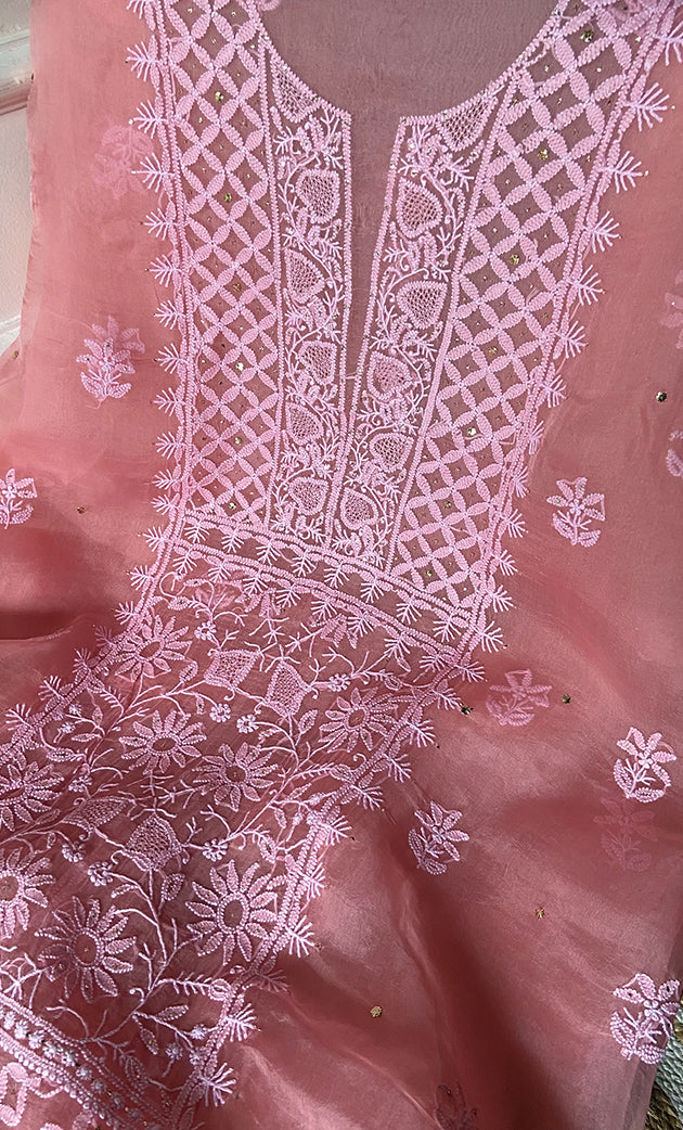 Women's Lakhnavi Handcrafted Pure Organza Chikankari Unstitched Kurta And Dupatta Set- HONC0266926