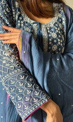 Load image into Gallery viewer, Women's Lakhnavi Handcrafted Mul Chanderi Chikankari Stitched Anarkali, Dupatta And Pant Set - HONC0328257