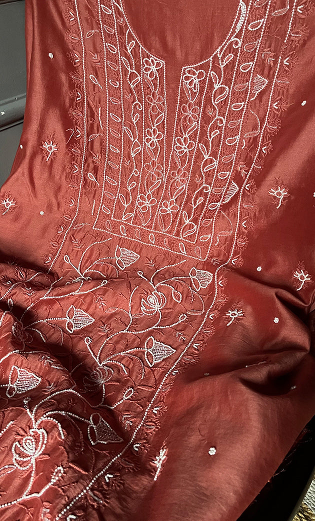 Women's Lucknowi Handcrafted Chanderi Silk Chikankari Full Suit Material - HONC0278002