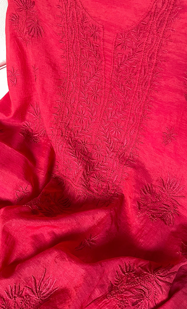 Women's Lakhnavi Handcrafted Mul Chanderi Unstitched Chikankari Full Suit Material - HONC0319530