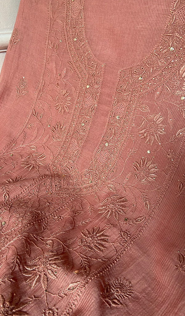 Women's Lakhnavi Handcrafted Maheswari Mul Chanderi Unstitched Chikankari Full Suit Material - HONC0278101