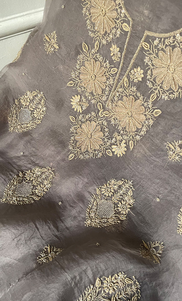 Women's Lakhnavi Handcrafted Pure Organza Chikankari Unstitched Kurta And Dupatta Set- HONC0318665