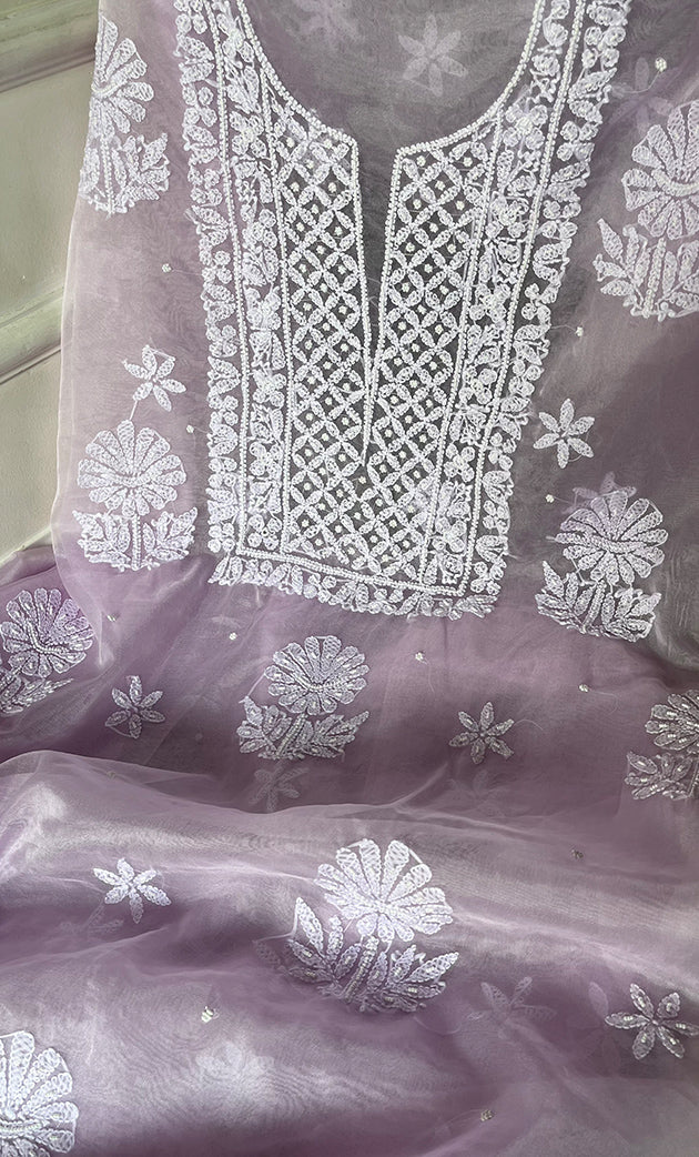 Women's Lakhnavi Handcrafted Organza Chikankari Unstitched Full Suit Material - HONC0284609